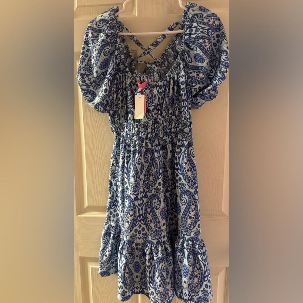 Simply Southern Blue and White Paisley Off-Shoulder Dress
